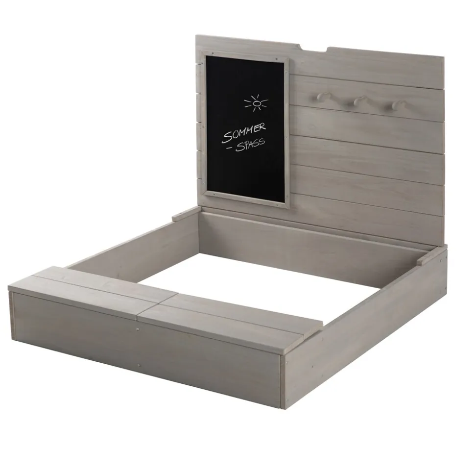 Sandkasten mit Deckel, aufklappbar mit Tafel & 3 Haken, Massivholz grau lasiert