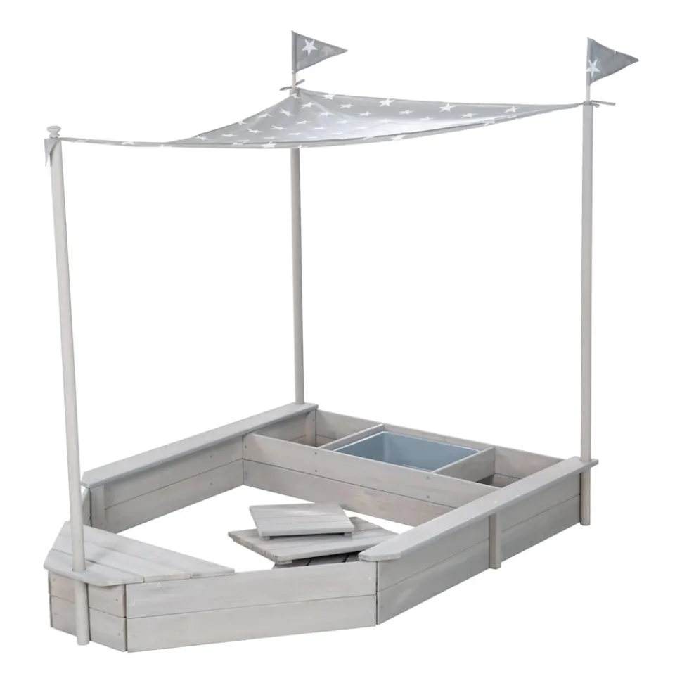 Sandkasten 'Schiff', Kinder-Outdoor-Sandkasten aus wetterfestem Massivholz, inkl. Sonnendach