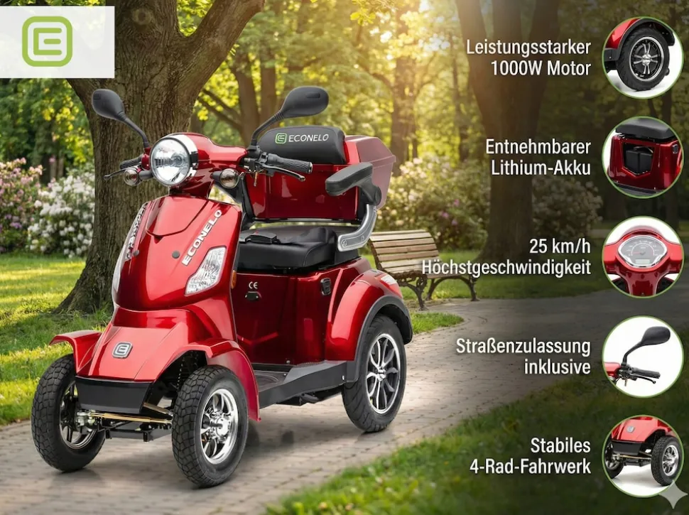 Seniorenmobil P4000, Blei-Akku, 25 km/h, 1000 Watt, Rot