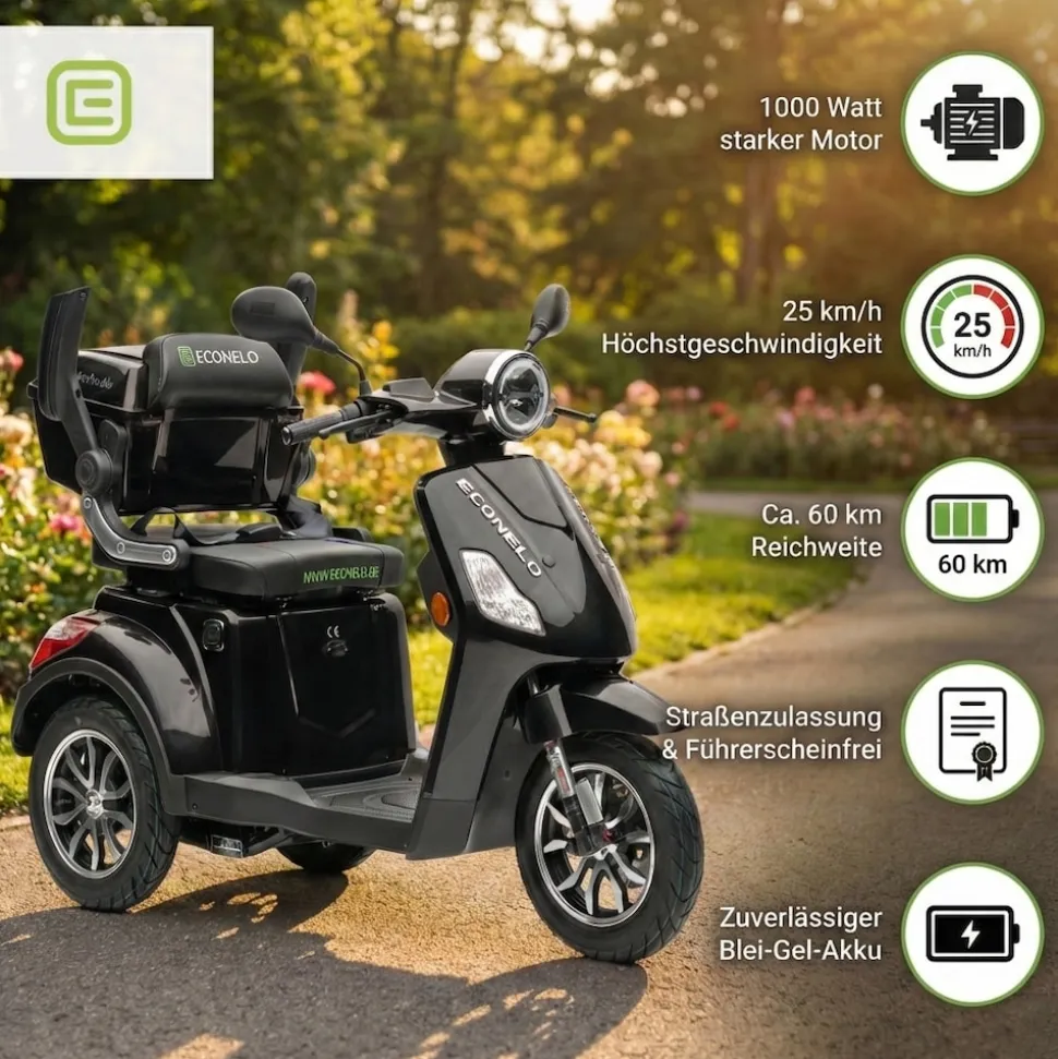 Seniorenmobil P1000, Lithium-Akku, 25 km/h, 1000 Watt, Schwarz