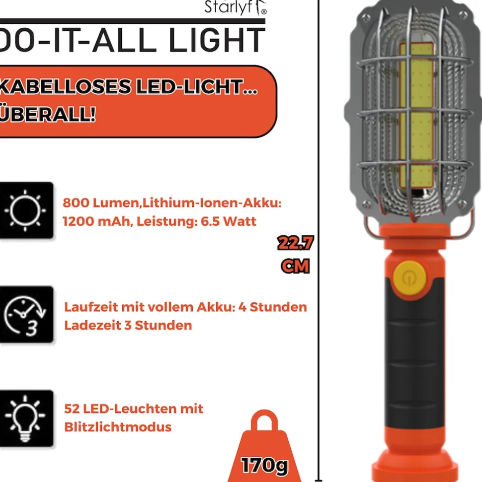 Starlyf® LED Taschenlampe - Akku KFZ Handlampe mit Magnet Do it all light