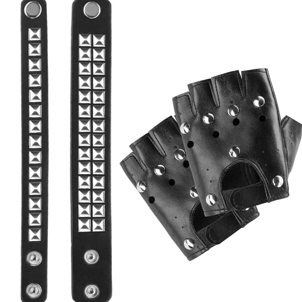 tectake® Accessoires-Set Leder Handschuhe und zwei Armbänder