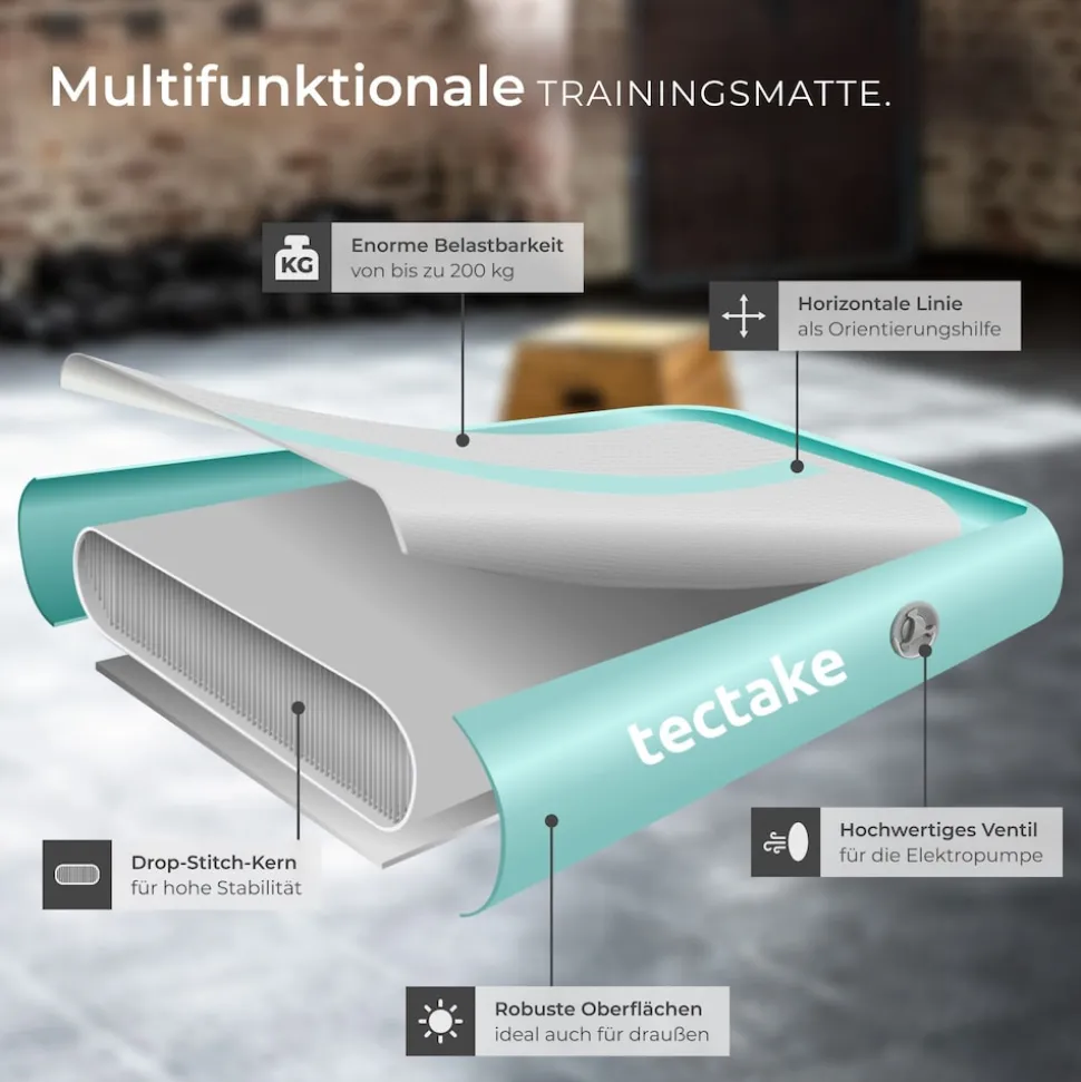 tectake® Airtrack Trainingsmatte, aufblasbar, rutschfestes, hochwertiges PVC, inkl. Transporttasche, 397 x 104 x 10 cm
