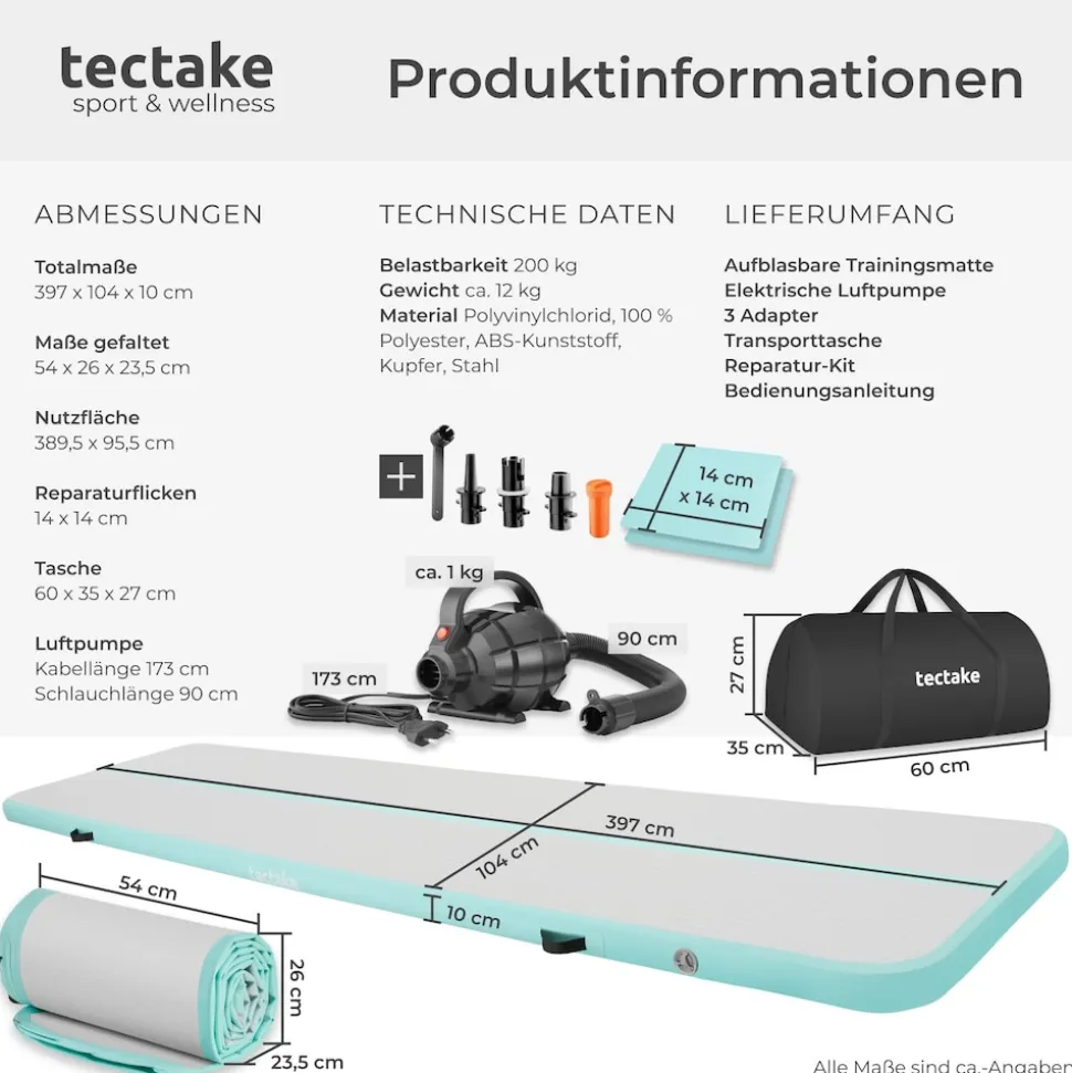 tectake® Airtrack Trainingsmatte, aufblasbar, rutschfestes, hochwertiges PVC, inkl. Transporttasche, 397 x 104 x 10 cm
