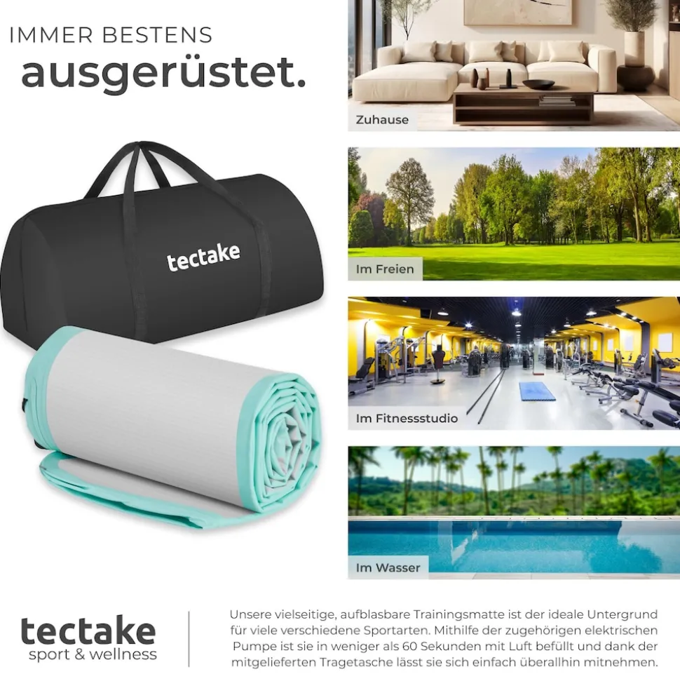 tectake® Airtrack Trainingsmatte, aufblasbar, rutschfestes, hochwertiges PVC, inkl. Transporttasche, 397 x 104 x 10 cm