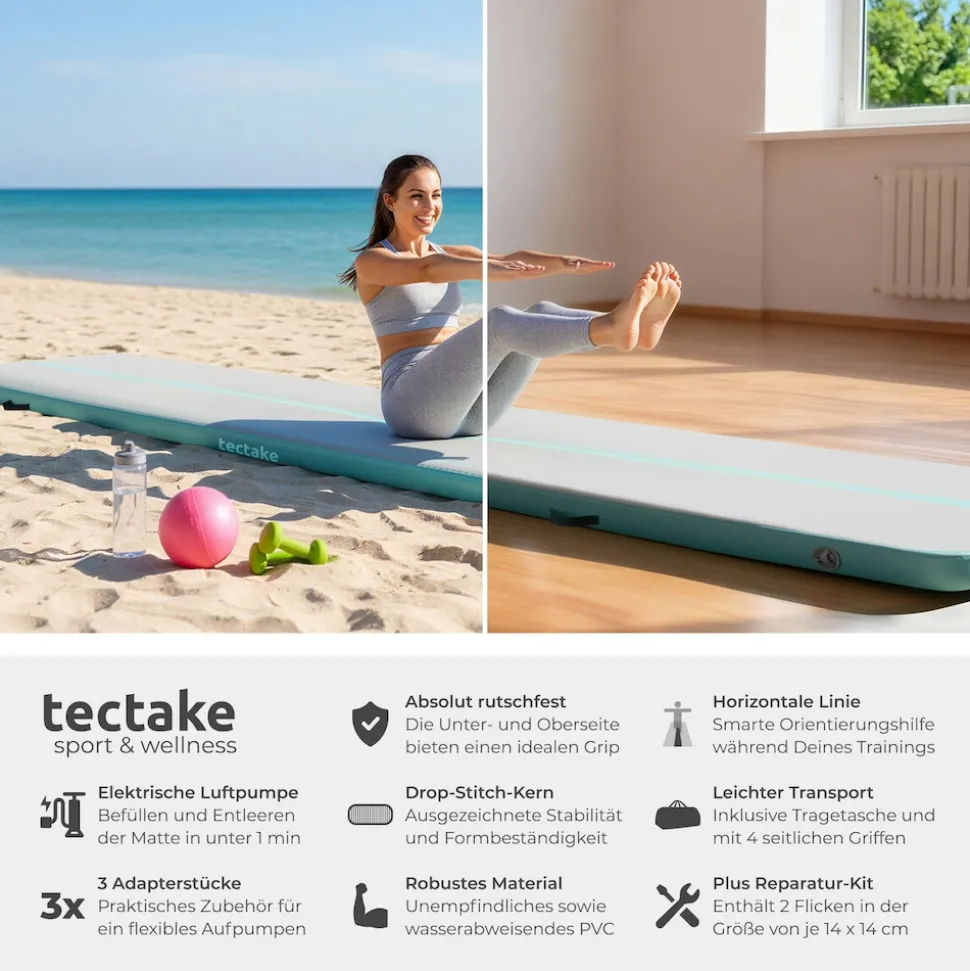 tectake® Airtrack Trainingsmatte, aufblasbar, rutschfestes, hochwertiges PVC, inkl. Transporttasche, 397 x 104 x 10 cm