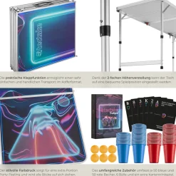 tectake® Aluminium Bierpongtisch, mit LED-Beleuchtung, bodenschonende Kunststofffüße, inklusive 100 Bechern, 6 Bällen und Kartentrinkspiel