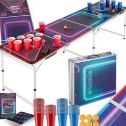 tectake® Aluminium Bierpongtisch, mit LED-Beleuchtung, bodenschonende Kunststofffüße, inklusive 100 Bechern, 6 Bällen und Kartentrinkspiel