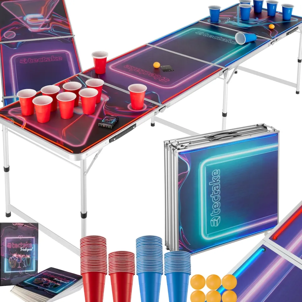 tectake® Aluminium Bierpongtisch, mit LED-Beleuchtung, bodenschonende Kunststofffüße, inklusive 100 Bechern, 6 Bällen und Kartentrinkspiel