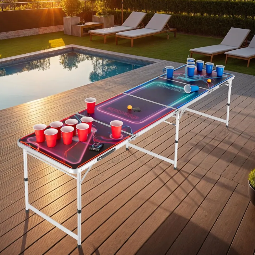 tectake® Aluminium Bierpongtisch, mit LED-Beleuchtung, bodenschonende Kunststofffüße, inklusive 100 Bechern, 6 Bällen und Kartentrinkspiel