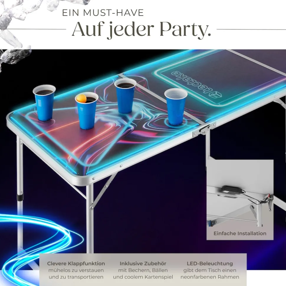 tectake® Aluminium Bierpongtisch, mit LED-Beleuchtung, bodenschonende Kunststofffüße, inklusive 100 Bechern, 6 Bällen und Kartentrinkspiel