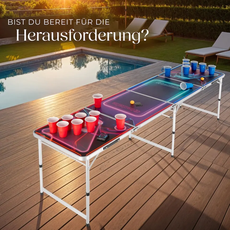 tectake® Aluminium Bierpongtisch, mit LED-Beleuchtung, bodenschonende Kunststofffüße, inklusive 100 Bechern, 6 Bällen und Kartentrinkspiel