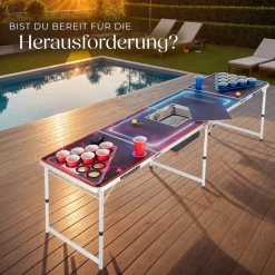 tectake® Aluminium Bierpongtisch, mit Eisfach, Becherlöchern, LED-Beleuchtung, bodenschonende Kunststofffüße, inklusive 100 Bechern, 6 Bällen und Kartentrinkspiel