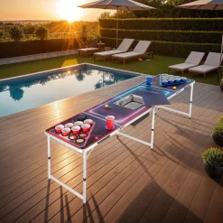 tectake® Aluminium Bierpongtisch, mit Eisfach, Becherlöchern, LED-Beleuchtung, bodenschonende Kunststofffüße, inklusive 100 Bechern, 6 Bällen und Kartentrinkspiel