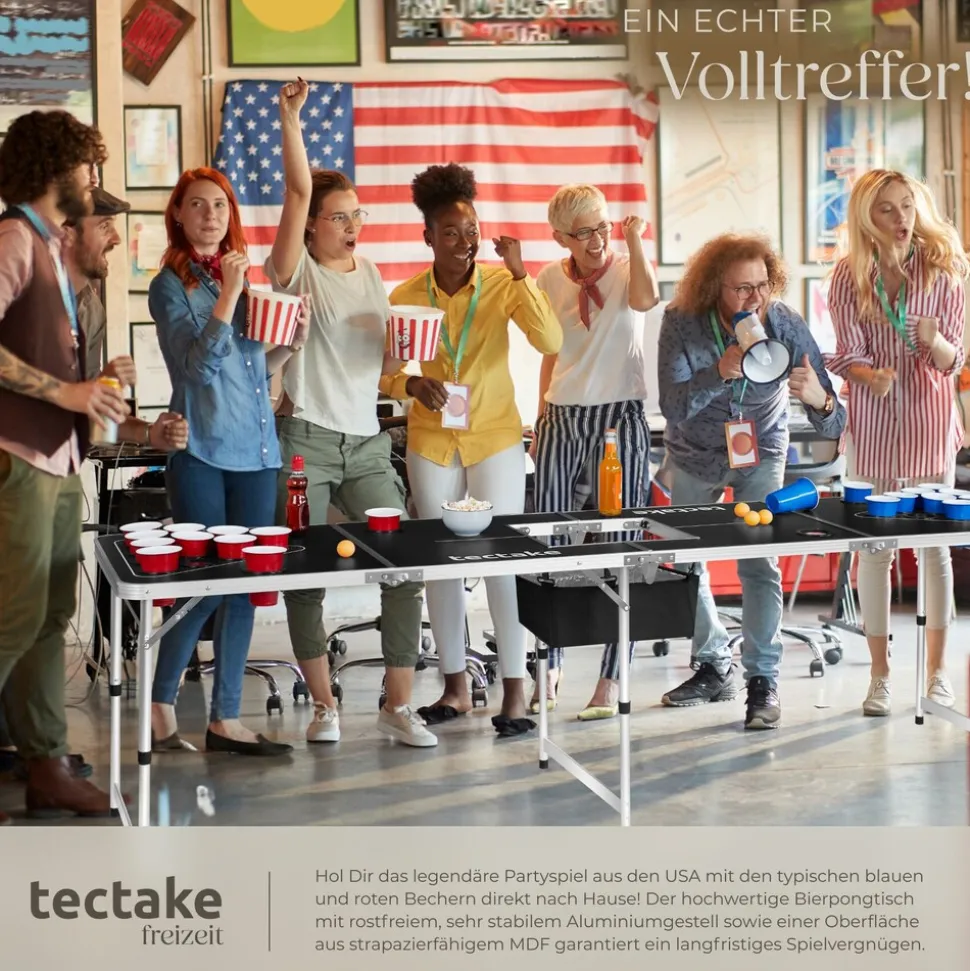 tectake® Aluminium Bierpongtisch, mit Eisfach, klappbar, bodenschonende Kunststofffüße, inklusive 100 Bechern und 6 Bällen