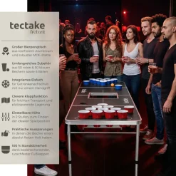 tectake® Aluminium Bierpongtisch, mit Eisfach, klappbar, bodenschonende Kunststofffüße, inklusive 100 Bechern und 6 Bällen