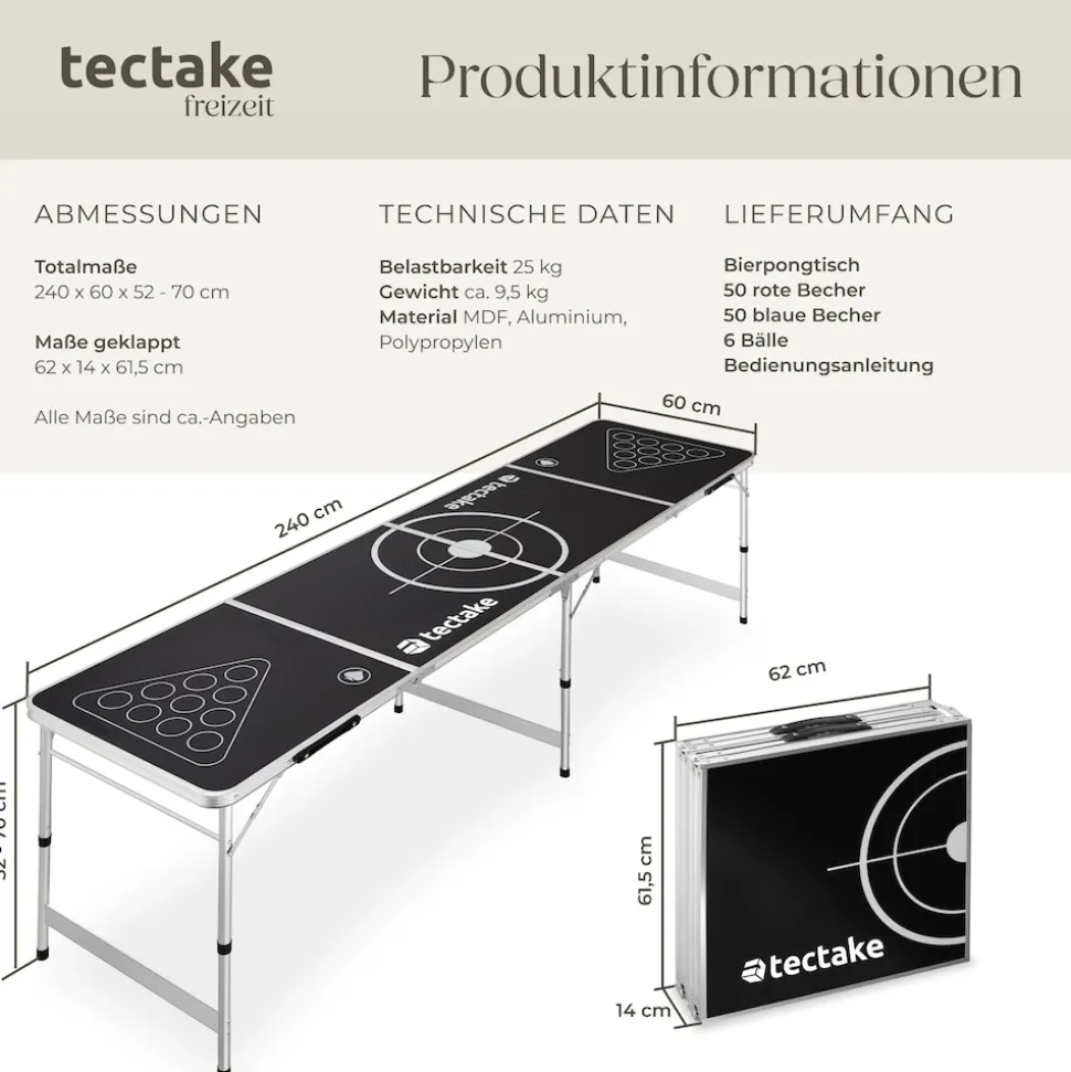 tectake® Aluminium Bierpongtisch, klappbar, bodenschonende Kunststofffüße, inklusive 100 Bechern und 6 Bällen