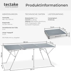 tectake® Aluminium Campingtisch, klappbar, bodenschonende, höhenverstellbare Füße, 180 x 70 x 70,5 cm
