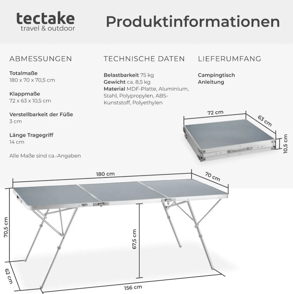 tectake® Aluminium Campingtisch, klappbar, bodenschonende, höhenverstellbare Füße, 180 x 70 x 70,5 cm