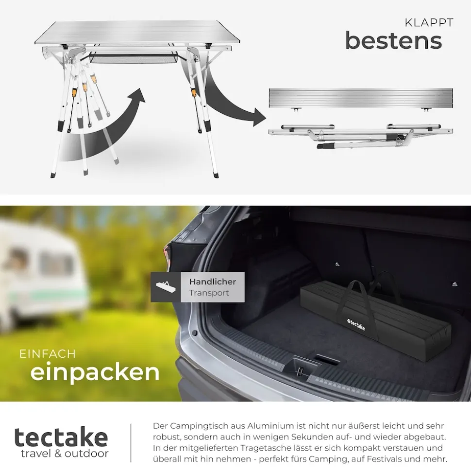 tectake® Aluminium Campingtisch, faltbar, höhenverstellbar, 90 x 52 x 47 - 70 cm