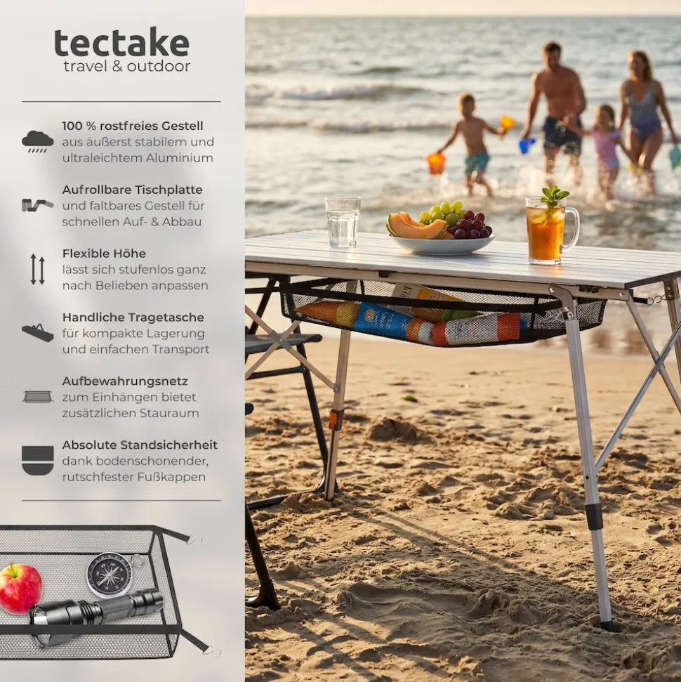 tectake® Aluminium Campingtisch, faltbar, höhenverstellbar, 90 x 52 x 47 - 70 cm