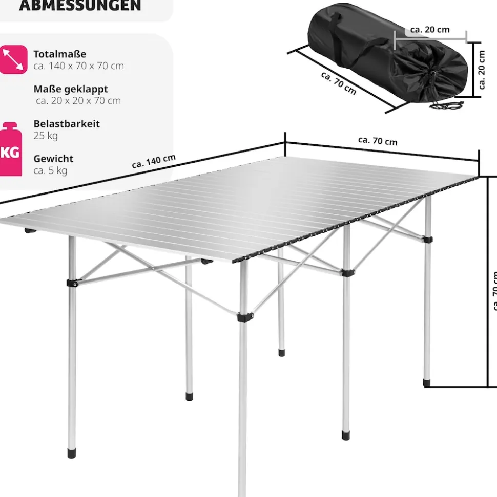 tectake® Aluminium Campingtisch, klappbar, bodenschonende Kunststoffkappen, 140 x 70 x 70 cm