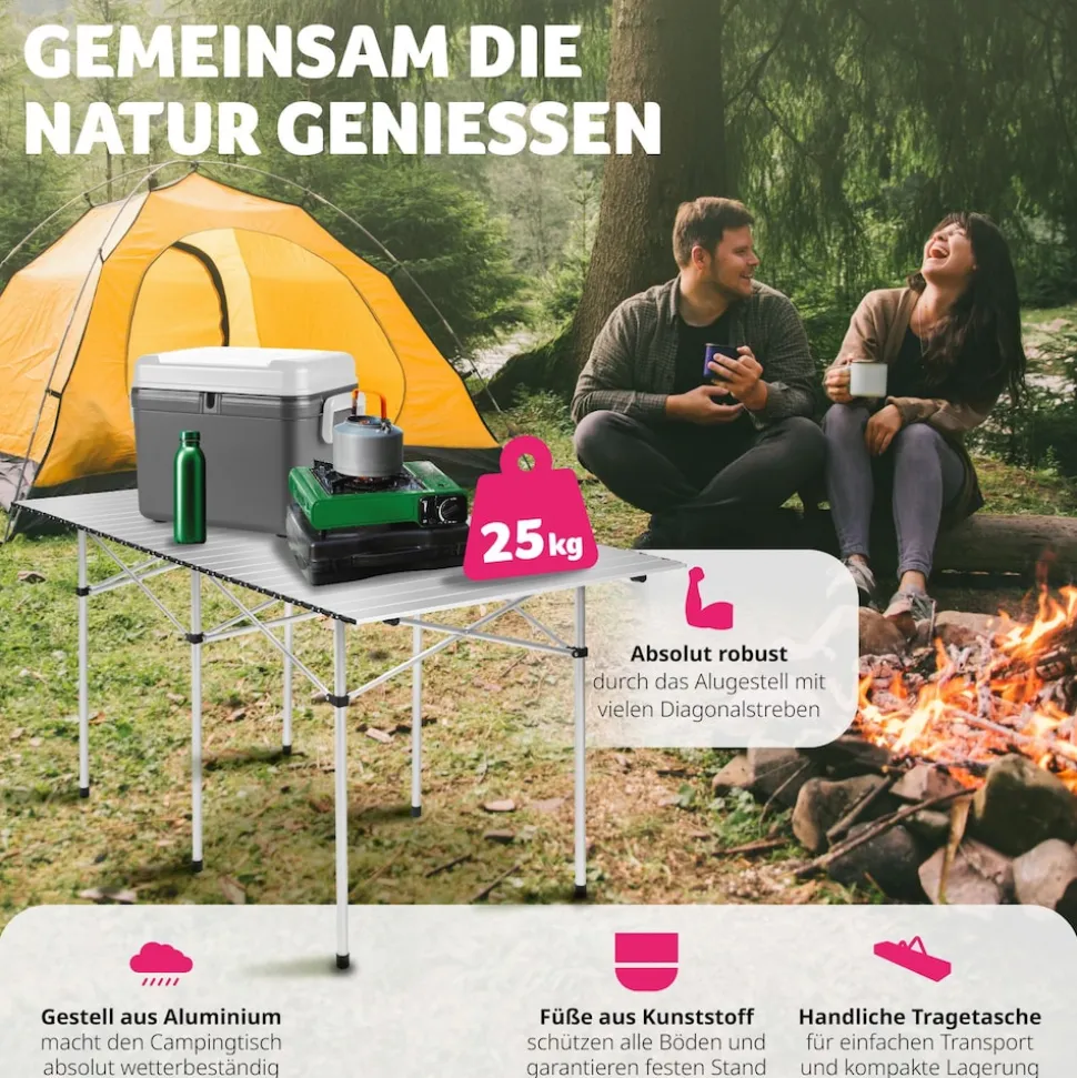 tectake® Aluminium Campingtisch, klappbar, bodenschonende Kunststoffkappen, 140 x 70 x 70 cm