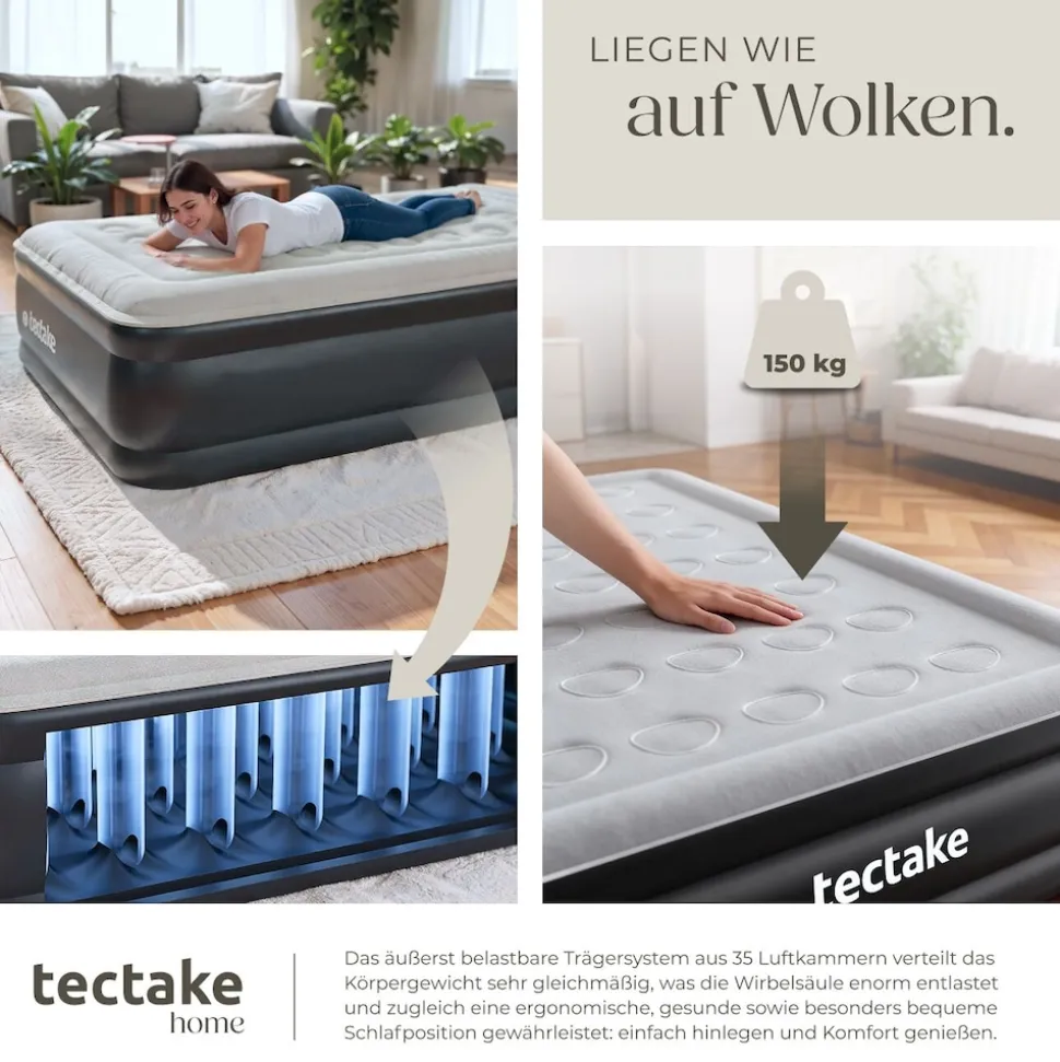 tectake® Aufblasbare Matratze, für 1 oder 2 Personen, ergonomisches Luftsäulensystem, inkl. manuellem Ventil und Tragebeutel