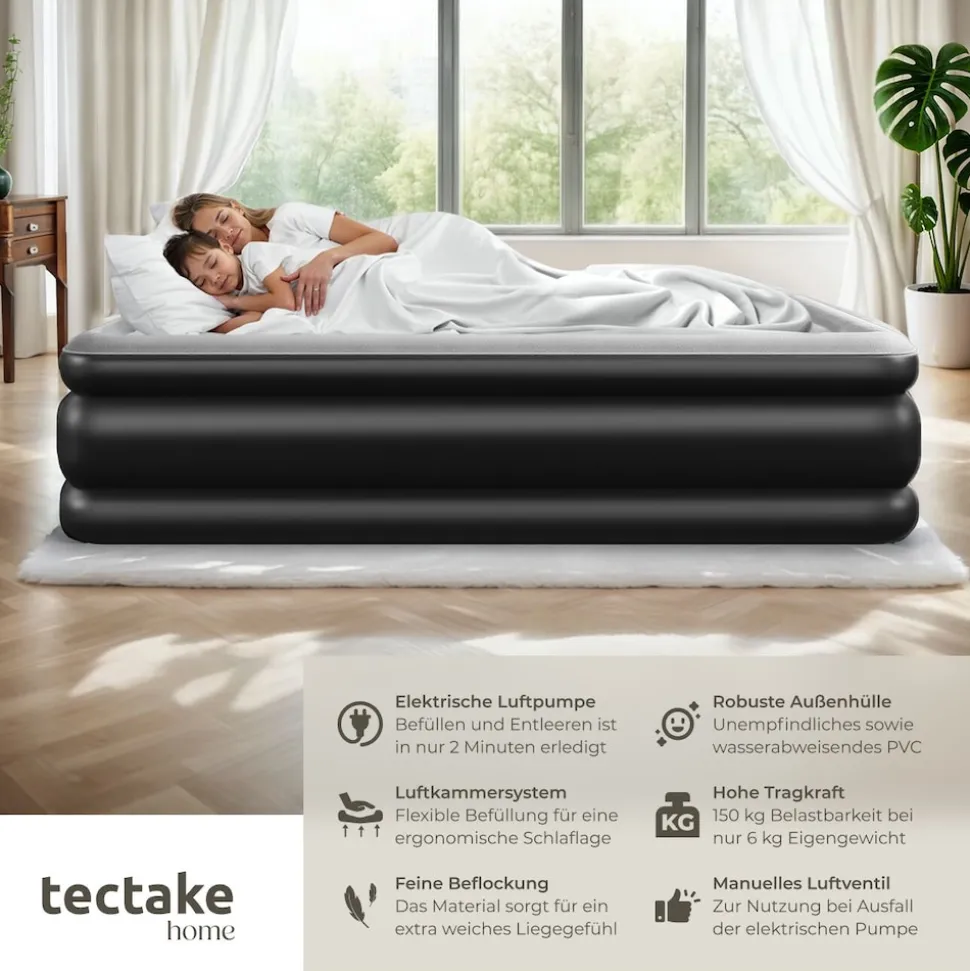 tectake® Aufblasbare Matratze, für 1 oder 2 Personen, ergonomisches Luftsäulensystem, inkl. manuellem Ventil und Tragebeutel