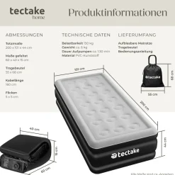 tectake® Aufblasbare Matratze, für 1 oder 2 Personen, ergonomisches Luftsäulensystem, inkl. manuellem Ventil und Tragebeutel
