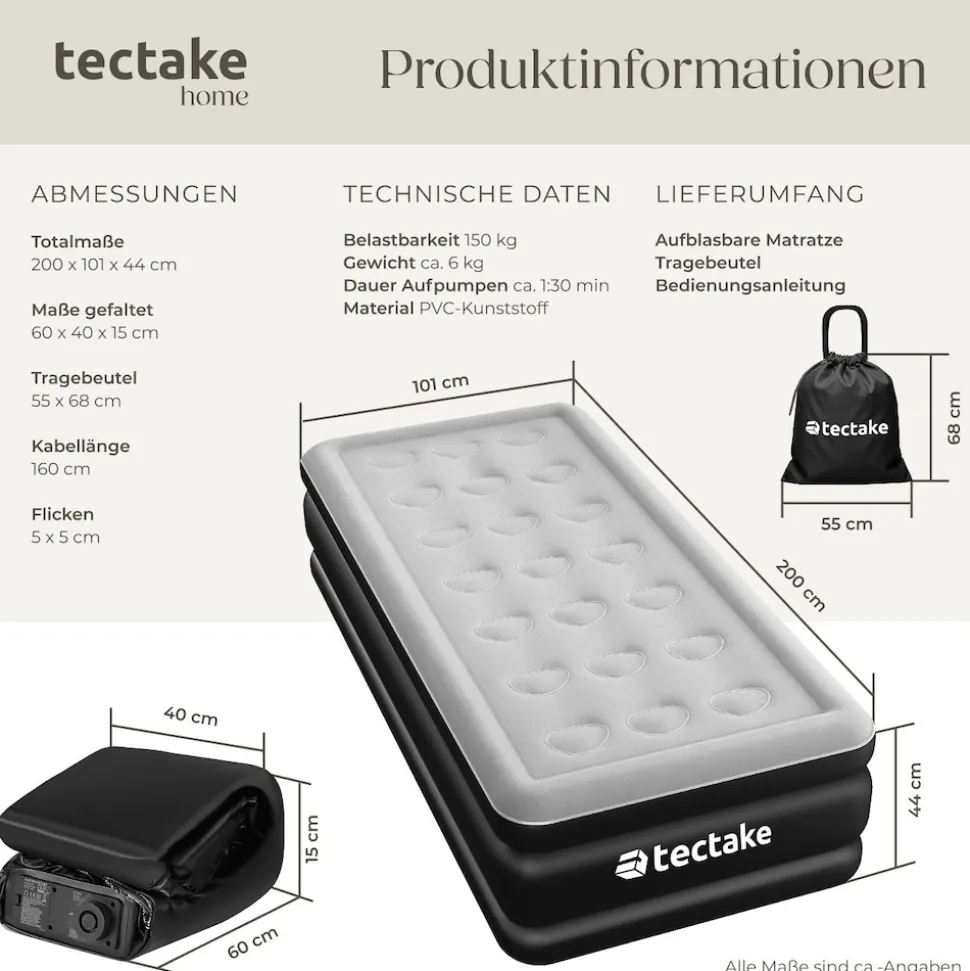 tectake® Aufblasbare Matratze, für 1 oder 2 Personen, ergonomisches Luftsäulensystem, inkl. manuellem Ventil und Tragebeutel