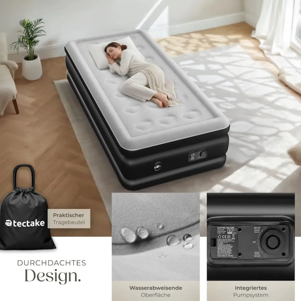tectake® Aufblasbare Matratze, für 1 oder 2 Personen, ergonomisches Luftsäulensystem, inkl. manuellem Ventil und Tragebeutel