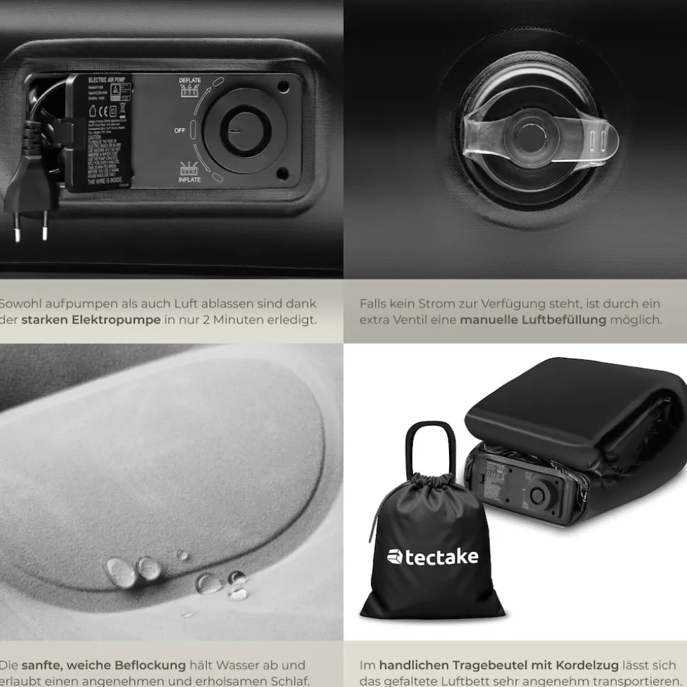tectake® Aufblasbare Matratze, für 1 oder 2 Personen, ergonomisches Luftsäulensystem, inkl. manuellem Ventil und Tragebeutel
