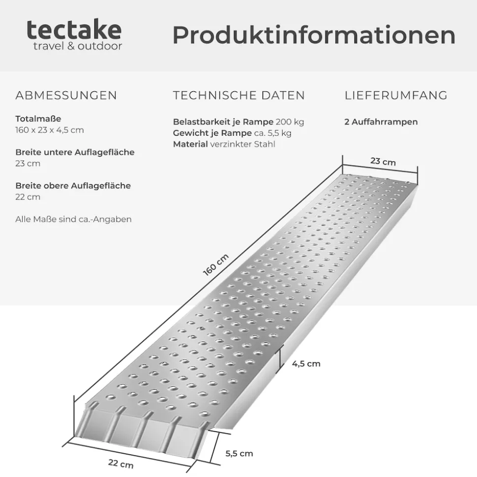 tectake® Auffahrrampen, 2er Set, rutschfeste, perforierte Oberfläche, 160 x 23 x 4,5 cm