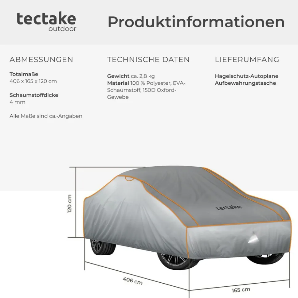 tectake® Autoplane, wasserdicht und atmungsaktiv, mit 4 mm Schaumstoffschicht, 3 längenverstellbare Spanngurte, inklusive Aufbewahrungstasche
