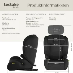 tectake® Autositz, i-Size Zulassung, ISOFIX-Installation, mit Seitenaufprallschutz, extra dicke Polsterung, von 100 bis 150 cm, Belastbarkeit 36 kg
