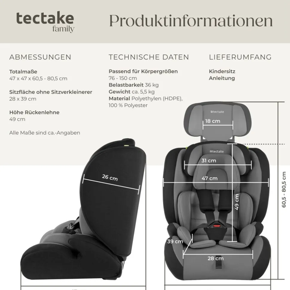 tectake® Autositz, i-Size Zulassung, mit Seitenaufprallschutz, längenverstellbarer 5-Punkt-Gurt, höhenverstellbare Kopfstütze, von 76 bis 150 cm, Belastbarkeit 36 kg