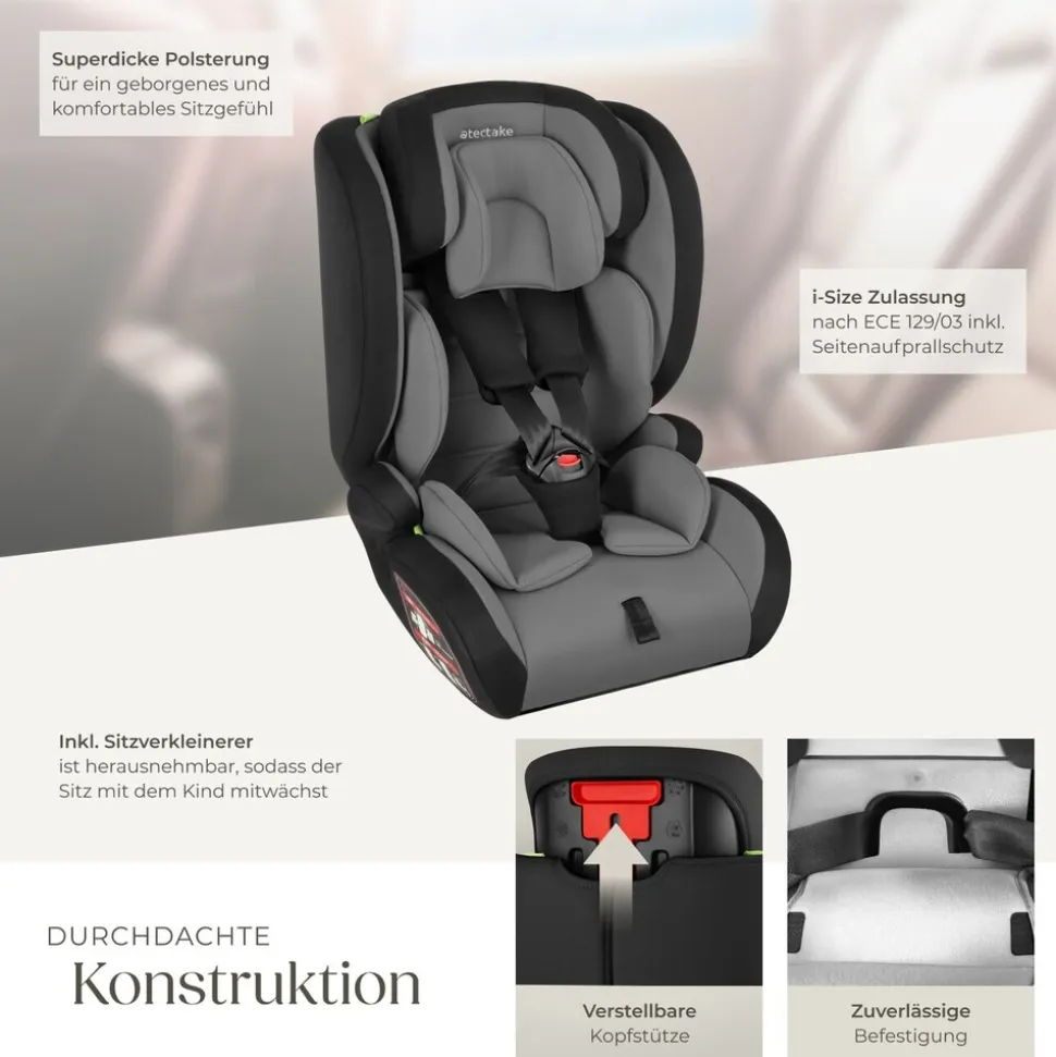 tectake® Autositz, i-Size Zulassung, mit Seitenaufprallschutz, längenverstellbarer 5-Punkt-Gurt, höhenverstellbare Kopfstütze, von 76 bis 150 cm, Belastbarkeit 36 kg