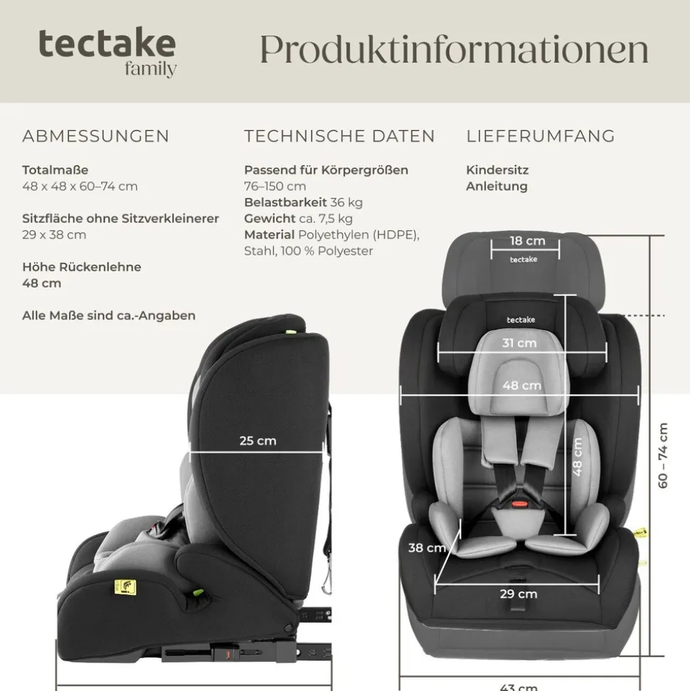 tectake® Autositz, i-Size Zulassung, ISOFIX-Installation und Top Tether, mit Seitenaufprallschutz, längenverstellbarer 5-Punkt-Gurt, 8-fach höhenverstellbare Kopfstütze, ab 15 Monaten von 76 bis 150 cm, Belastbarkeit 36 kg