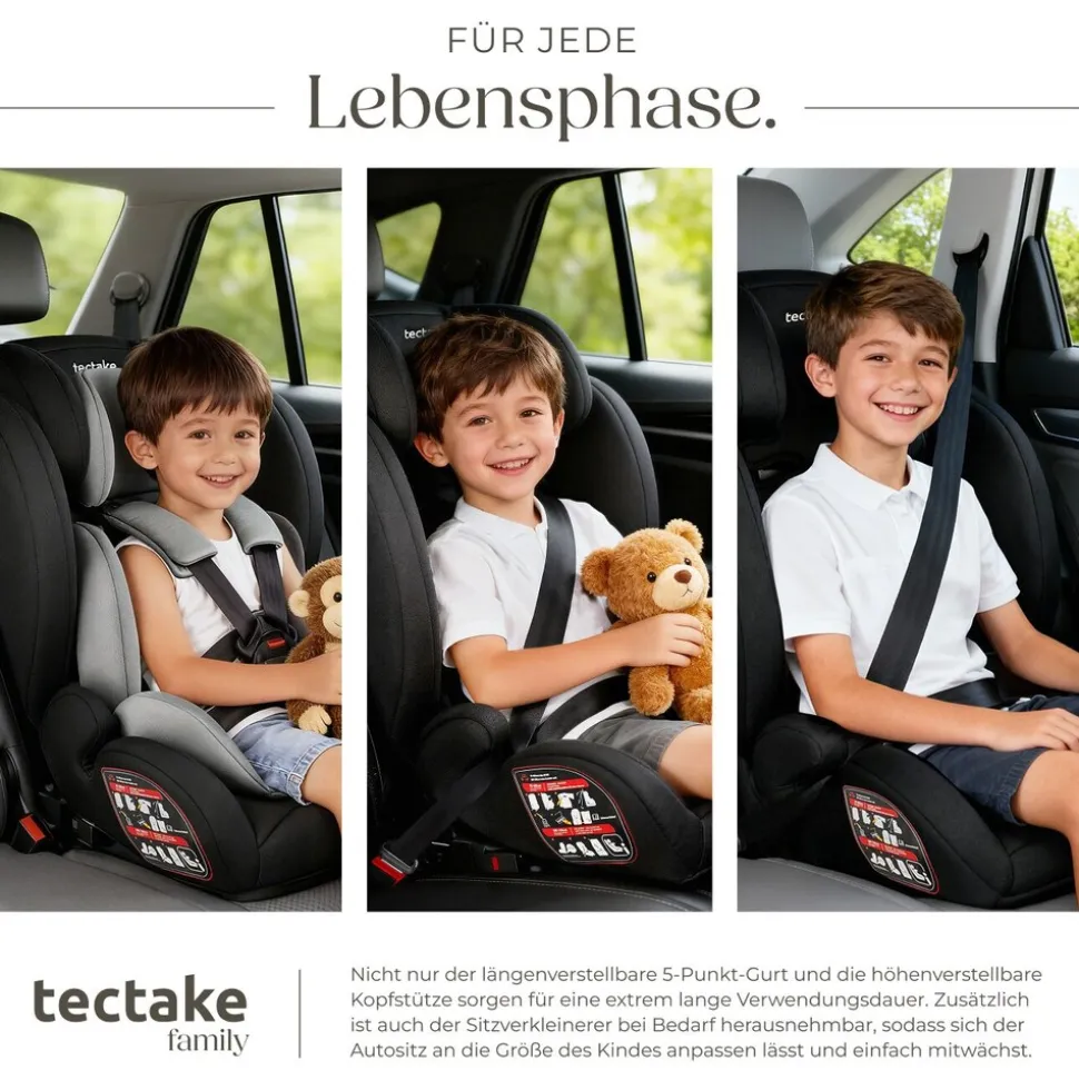 tectake® Autositz, i-Size Zulassung, ISOFIX-Installation und Top Tether, mit Seitenaufprallschutz, längenverstellbarer 5-Punkt-Gurt, 8-fach höhenverstellbare Kopfstütze, ab 15 Monaten von 76 bis 150 cm, Belastbarkeit 36 kg