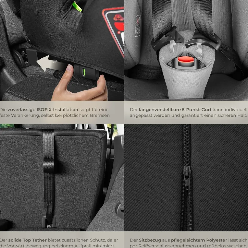 tectake® Autositz, i-Size Zulassung, ISOFIX-Installation und Top Tether, mit Seitenaufprallschutz, längenverstellbarer 5-Punkt-Gurt, 8-fach höhenverstellbare Kopfstütze, ab 15 Monaten von 76 bis 150 cm, Belastbarkeit 36 kg