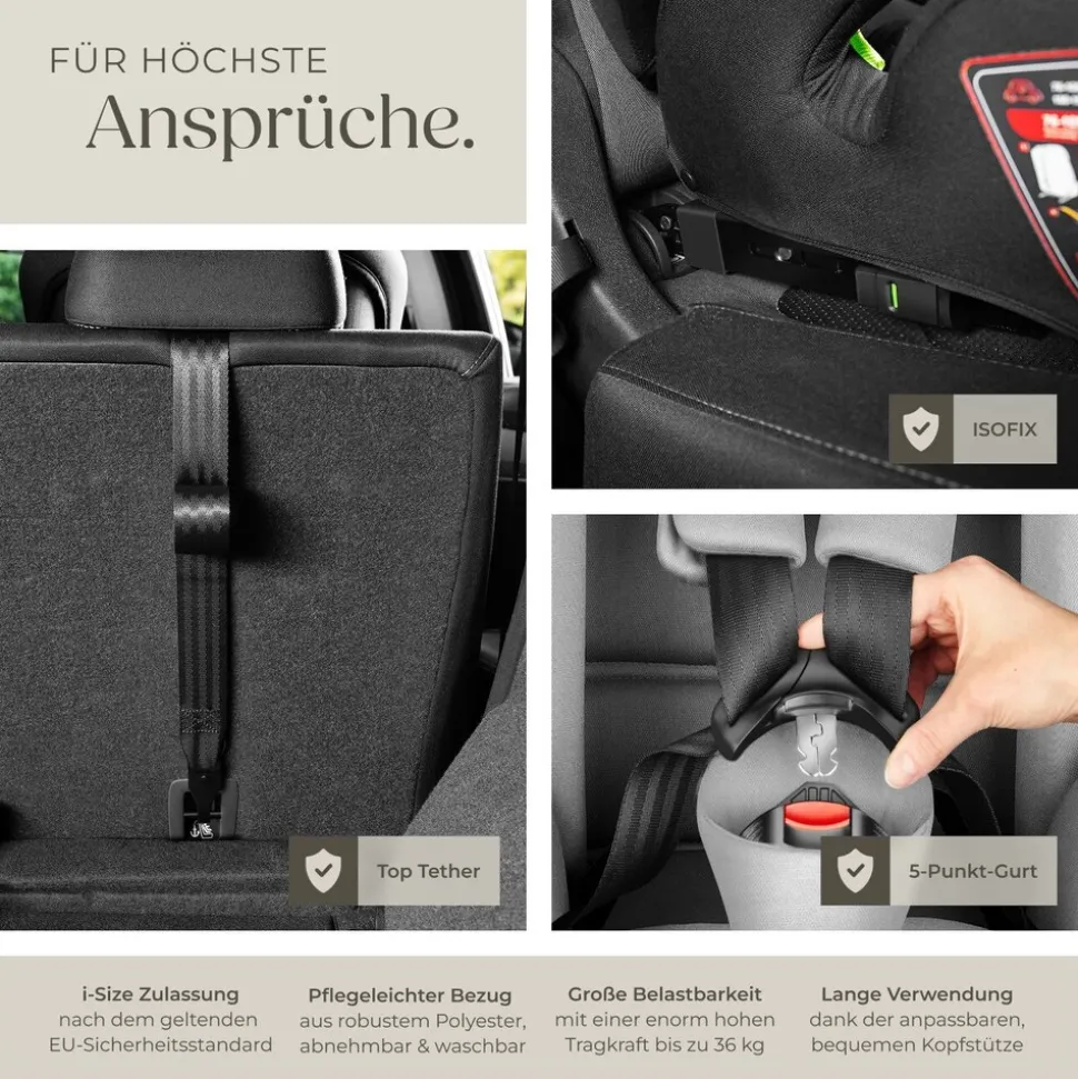 tectake® Autositz, i-Size Zulassung, ISOFIX-Installation und Top Tether, mit Seitenaufprallschutz, längenverstellbarer 5-Punkt-Gurt, 8-fach höhenverstellbare Kopfstütze, ab 15 Monaten von 76 bis 150 cm, Belastbarkeit 36 kg