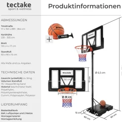 tectake® Basketballkorb, Outdoor, verstellbare Korbhöhe 230 - 305 cm, mit Rollen, inklusive Ball, Pumpe und 2 Netze