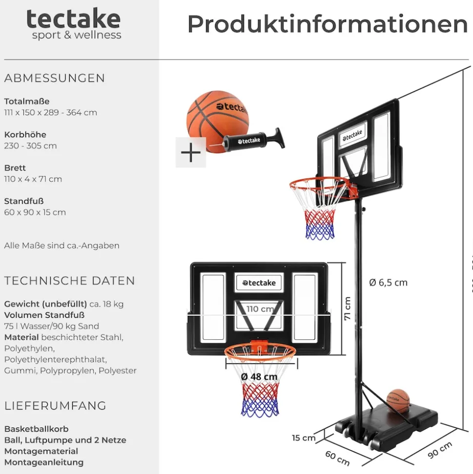 tectake® Basketballkorb, Outdoor, verstellbare Korbhöhe 230 - 305 cm, mit Rollen, inklusive Ball, Pumpe und 2 Netze