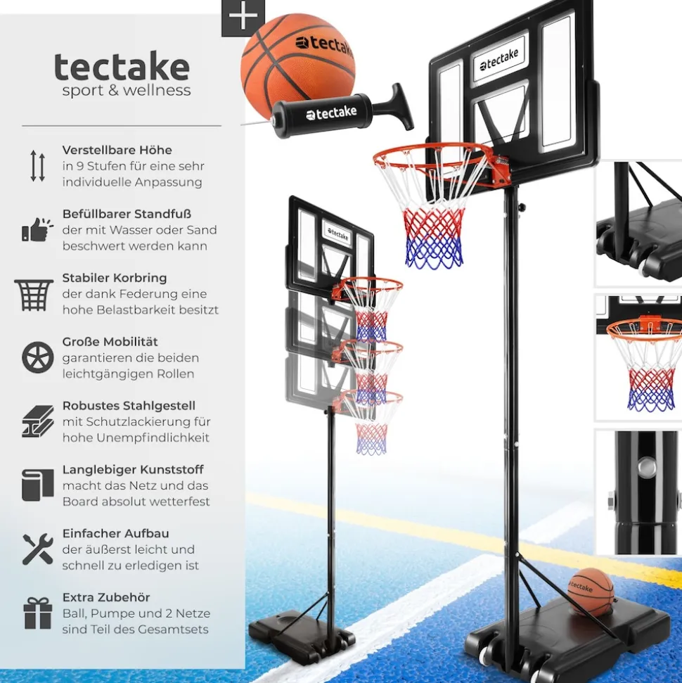 tectake® Basketballkorb, Outdoor, verstellbare Korbhöhe 230 - 305 cm, mit Rollen, inklusive Ball, Pumpe und 2 Netze