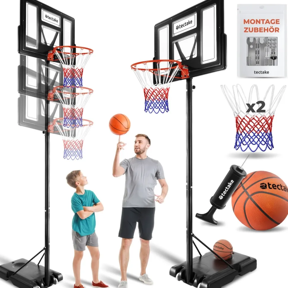 tectake® Basketballkorb, Outdoor, verstellbare Korbhöhe 230 - 305 cm, mit Rollen, inklusive Ball, Pumpe und 2 Netze