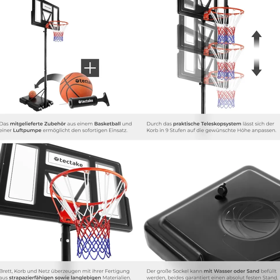 tectake® Basketballkorb, Outdoor, verstellbare Korbhöhe 230 - 305 cm, mit Rollen, inklusive Ball, Pumpe und 2 Netze