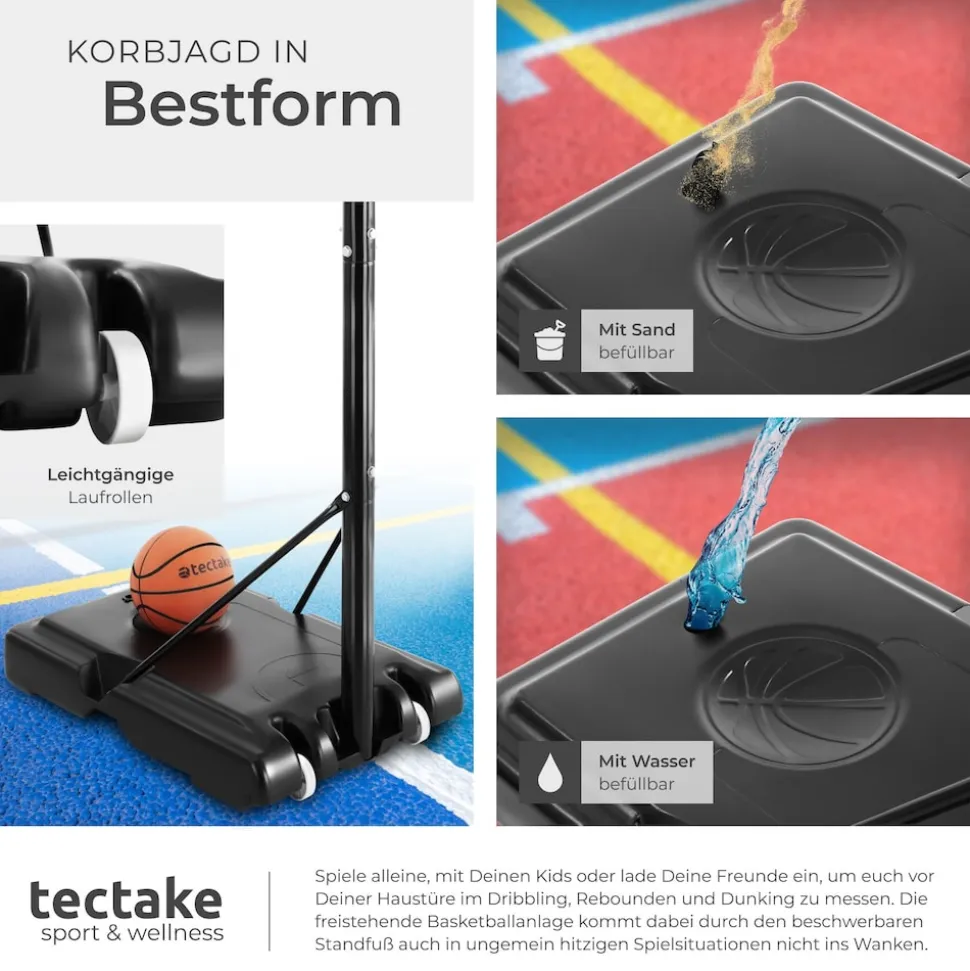 tectake® Basketballkorb, Outdoor, verstellbare Korbhöhe 230 - 305 cm, mit Rollen, inklusive Ball, Pumpe und 2 Netze