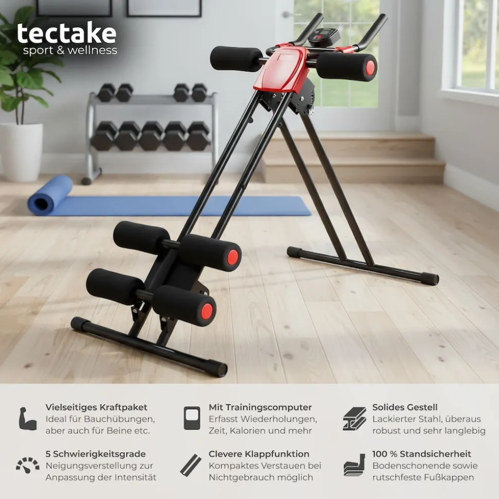 tectake® Bauchtrainer, 5-fach verstellbar, klappbar, mit Trainingscomputer