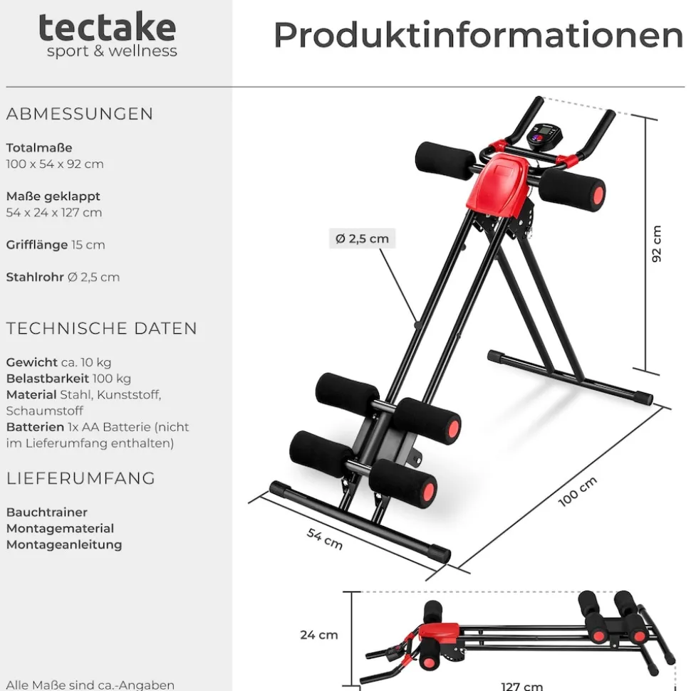 tectake® Bauchtrainer, 5-fach verstellbar, klappbar, mit Trainingscomputer